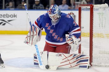 Dec 15, 2025; New York, New York, USA; New York Rangers goaltender Igor Shesterkin (31) makes a save against the Anaheim Ducks during the third period at Madison Square Garden. Mandatory Credit: Brad Penner-Imagn Images