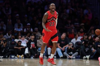 Dec 15, 2025; Miami, Florida, USA; Toronto Raptors guard Jamal Shead (23) reacts after scoring against the Miami Heat during the fourth quarter at Kaseya Center. Mandatory Credit: Sam Navarro-Imagn Images