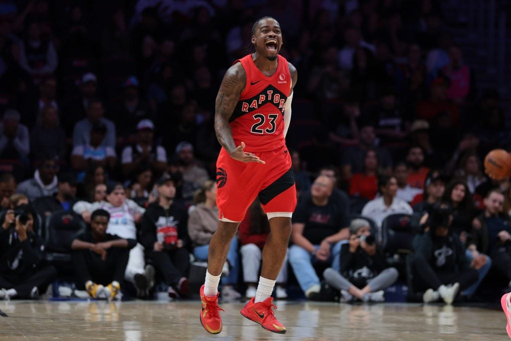 Dec 15, 2025; Miami, Florida, USA; Toronto Raptors guard Jamal Shead (23) reacts after scoring against the Miami Heat during the fourth quarter at Kaseya Center. Mandatory Credit: Sam Navarro-Imagn Images