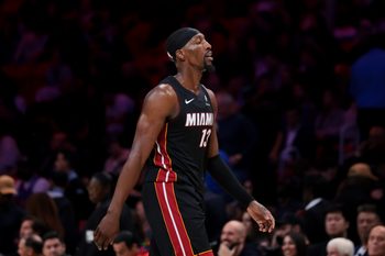 Dec 15, 2025; Miami, Florida, USA; Miami Heat center Bam Adebayo (13) looks on against the Toronto Raptors during the fourth quarter at Kaseya Center. Mandatory Credit: Sam Navarro-Imagn Images