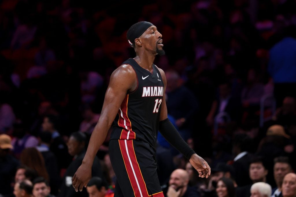 Dec 15, 2025; Miami, Florida, USA; Miami Heat center Bam Adebayo (13) looks on against the Toronto Raptors during the fourth quarter at Kaseya Center. Mandatory Credit: Sam Navarro-Imagn Images