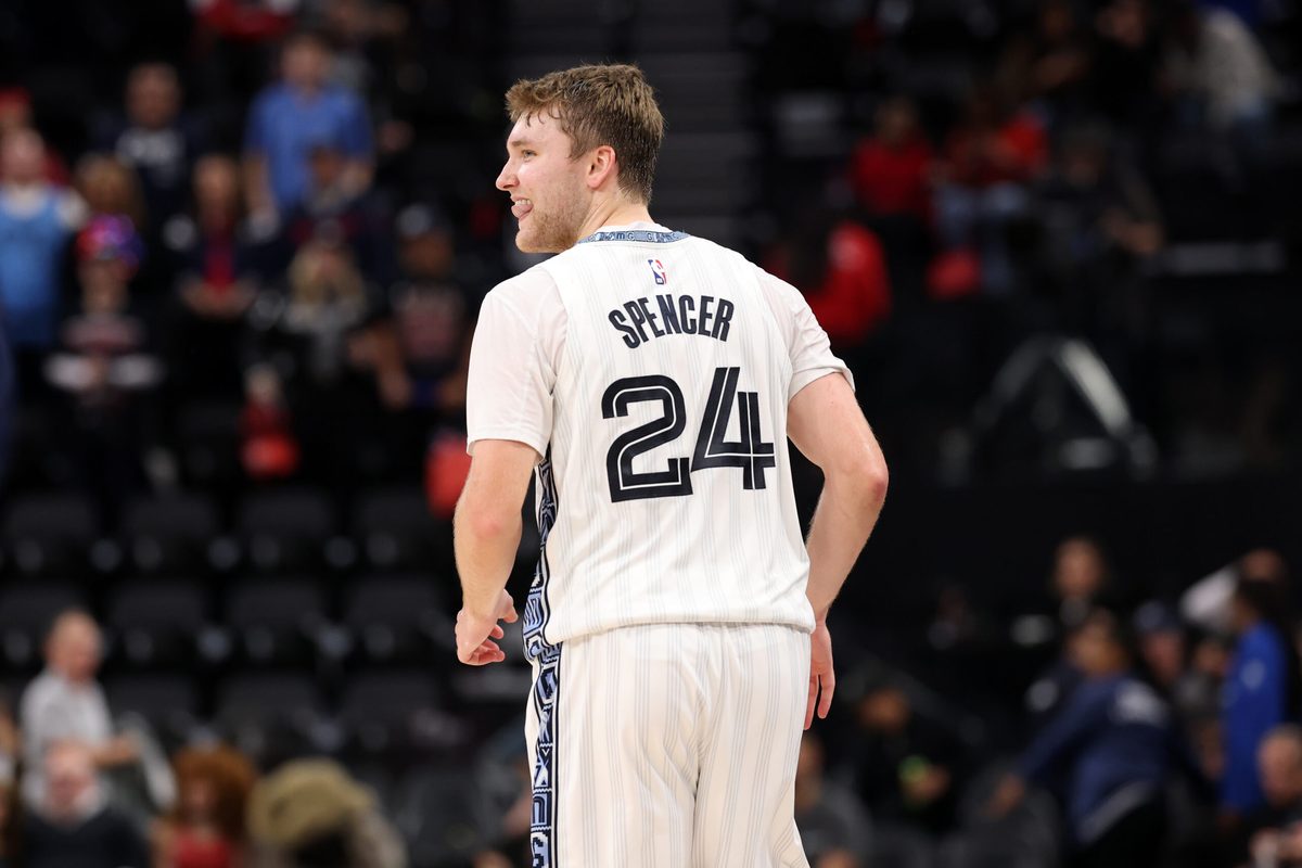 Dec 15, 2025; Inglewood, California, USA; Memphis Grizzlies guard Cam Spencer (24) reacts during the second half against the Los Angeles Clippers at Intuit Dome. Mandatory Credit: Kiyoshi Mio-Imagn Images