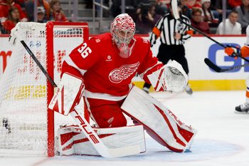Dec 16, 2025; Detroit, Michigan, USA;  Detroit Red Wings goaltender John Gibson (36) tends goal in the first period against the New York Islanders at Little Caesars Arena. Mandatory Credit: Rick Osentoski-Imagn Images