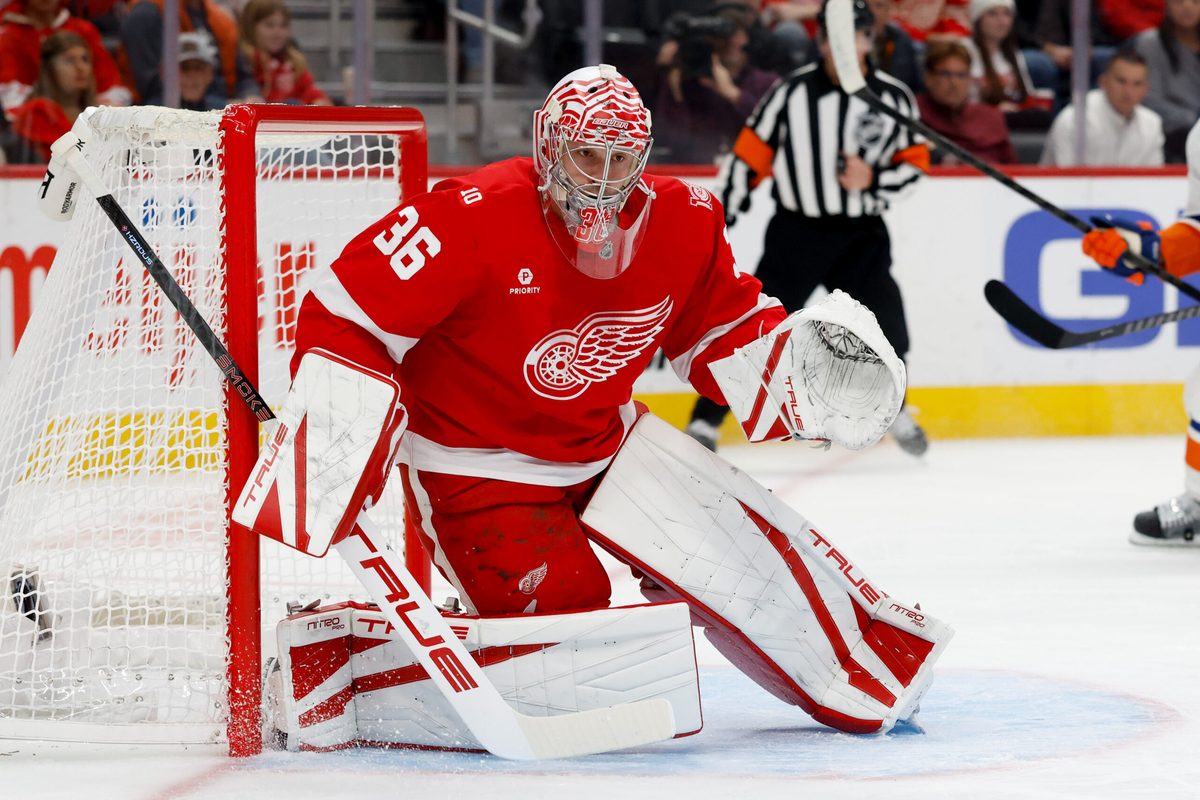 Dec 16, 2025; Detroit, Michigan, USA; Detroit Red Wings goaltender John Gibson (36) tends goal in the first period against the New York Islanders at Little Caesars Arena. Mandatory Credit: Rick Osentoski-Imagn Images