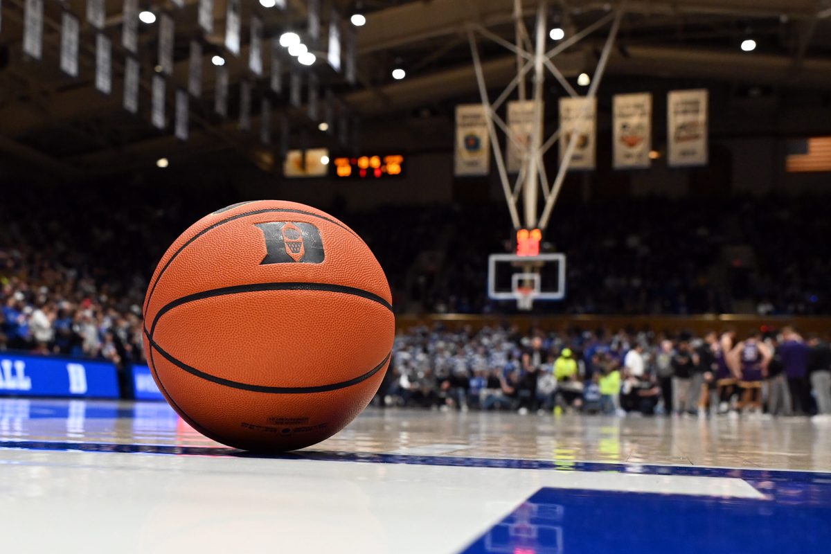Dec 16, 2025; Durham, North Carolina, USA; A general view of the game ball during a break in the second half between the Duke Blue Devils and Lipscomb Bisons at Cameron Indoor Stadium. The Blue Devils won 97-73. Mandatory Credit: Rob Kinnan-Imagn Images