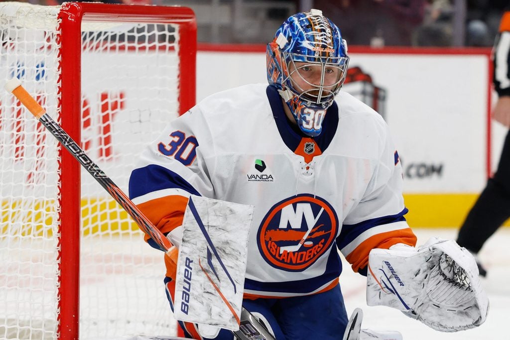 Dec 16, 2025; Detroit, Michigan, USA; New York Islanders goaltender Ilya Sorokin (30) tends goal in the second period against the Detroit Red Wings at Little Caesars Arena. Mandatory Credit: Rick Osentoski-Imagn Images