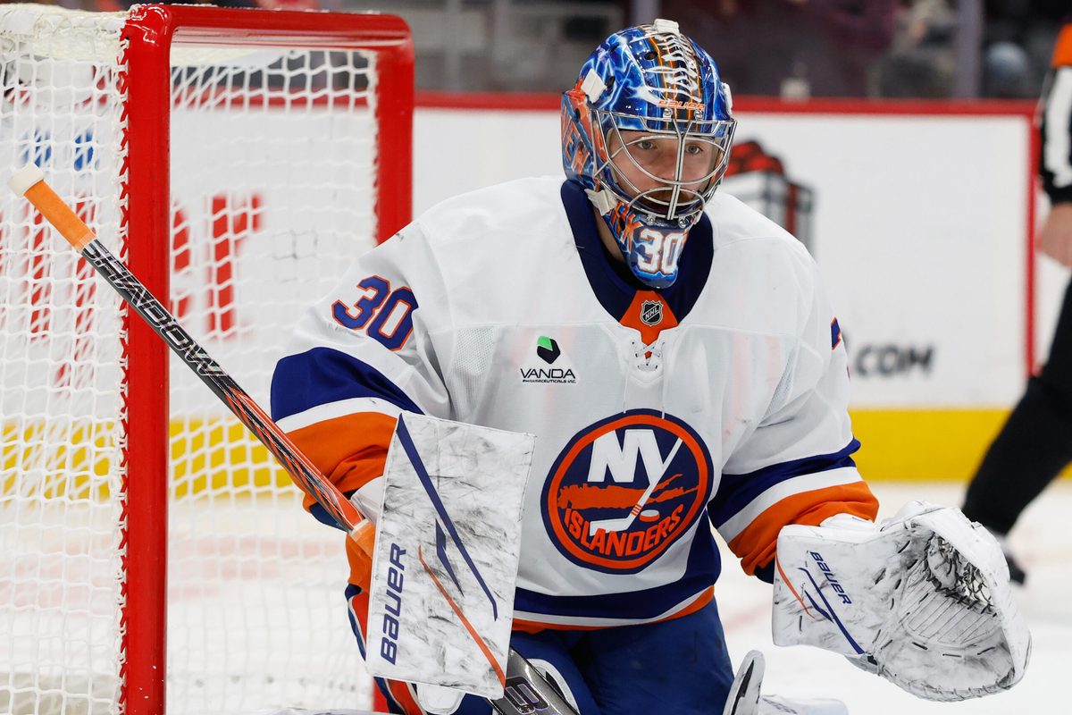 Dec 16, 2025; Detroit, Michigan, USA; New York Islanders goaltender Ilya Sorokin (30) tends goal in the second period against the Detroit Red Wings at Little Caesars Arena. Mandatory Credit: Rick Osentoski-Imagn Images