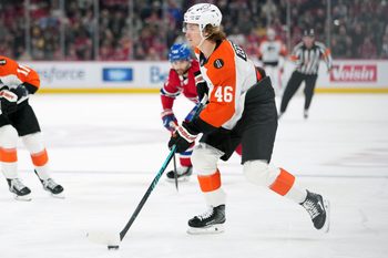 Dec 16, 2025; Montreal, Quebec, CAN; Philadelphia Flyers forward Trevor Zegras (46) plays the puck against the Montreal Canadians during the second period at the Bell Centre. Mandatory Credit: Eric Bolte-Imagn Images
