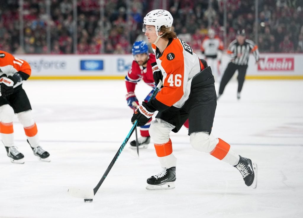 Dec 16, 2025; Montreal, Quebec, CAN; Philadelphia Flyers forward Trevor Zegras (46) plays the puck against the Montreal Canadians during the second period at the Bell Centre. Mandatory Credit: Eric Bolte-Imagn Images