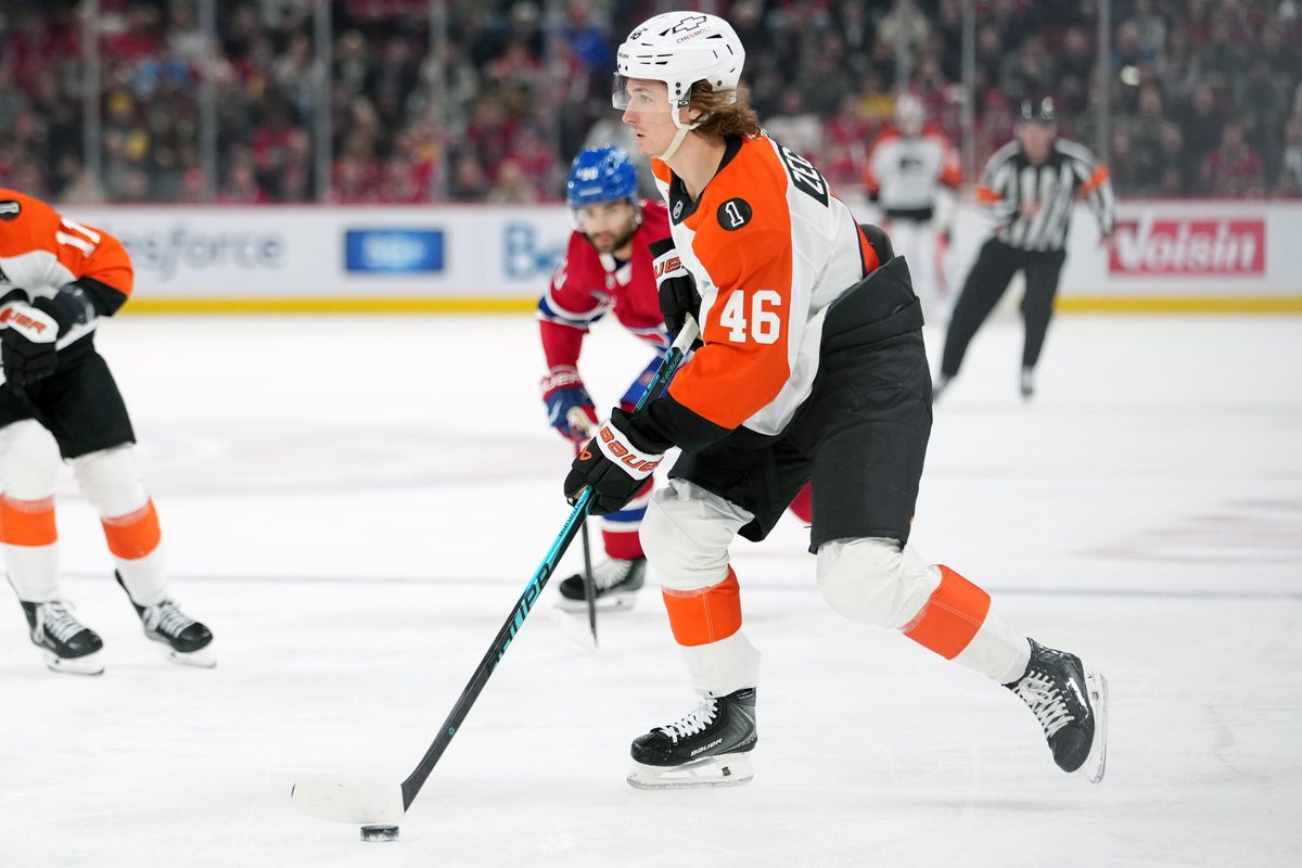 Dec 16, 2025; Montreal, Quebec, CAN; Philadelphia Flyers forward Trevor Zegras (46) plays the puck against the Montreal Canadians during the second period at the Bell Centre. Mandatory Credit: Eric Bolte-Imagn Images