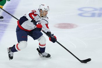 Dec 16, 2025; Saint Paul, Minnesota, USA; Washington Capitals defenseman Martin Fehérváry (42) skates with the puck against the Minnesota Wild during the second period at Grand Casino Arena. Mandatory Credit: Matt Krohn-Imagn Images