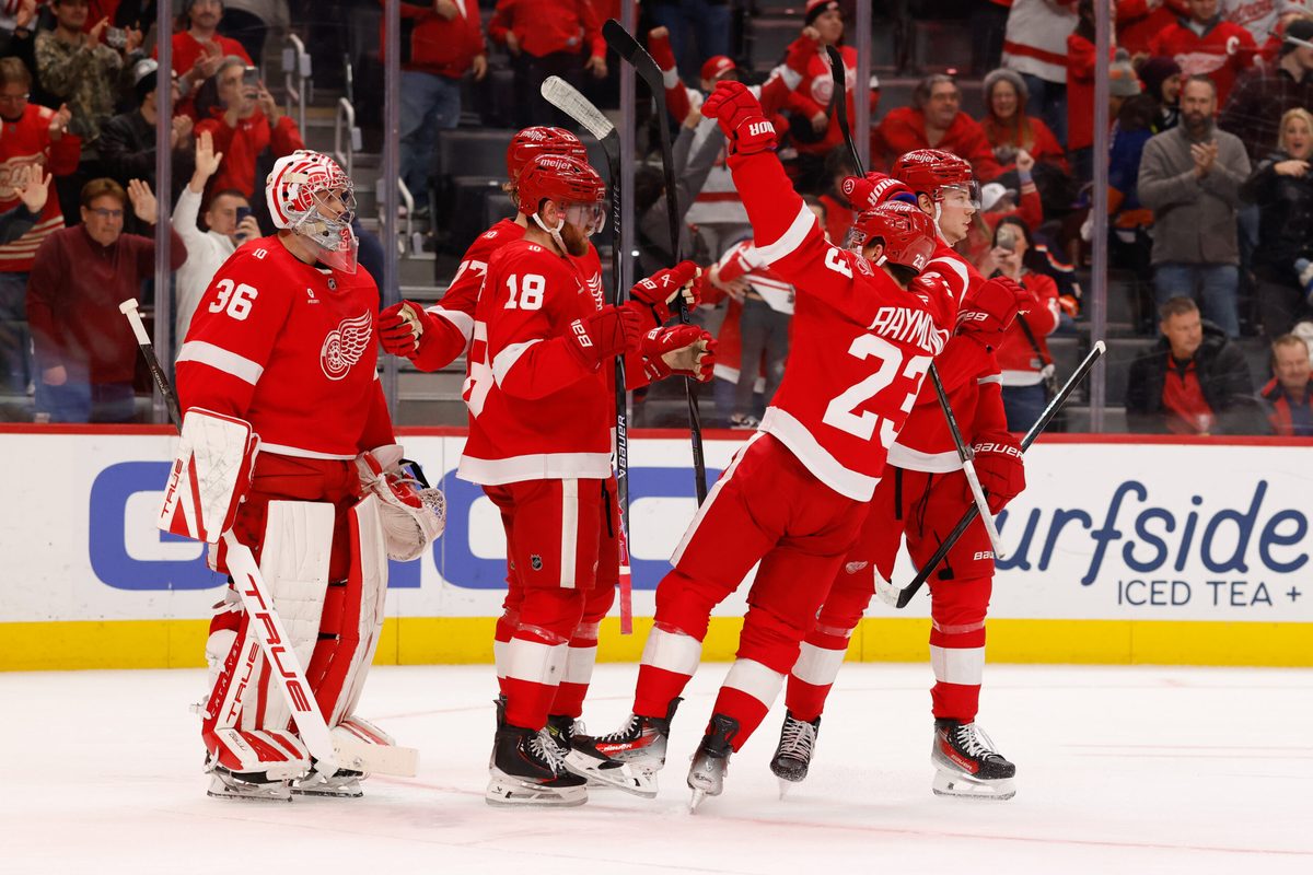 Dec 16, 2025; Detroit, Michigan, USA; Detroit Red Wings right wing Alex Debrincat (93) celebrates after defeating the New York Islanders at Little Caesars Arena. Mandatory Credit: Rick Osentoski-Imagn Images