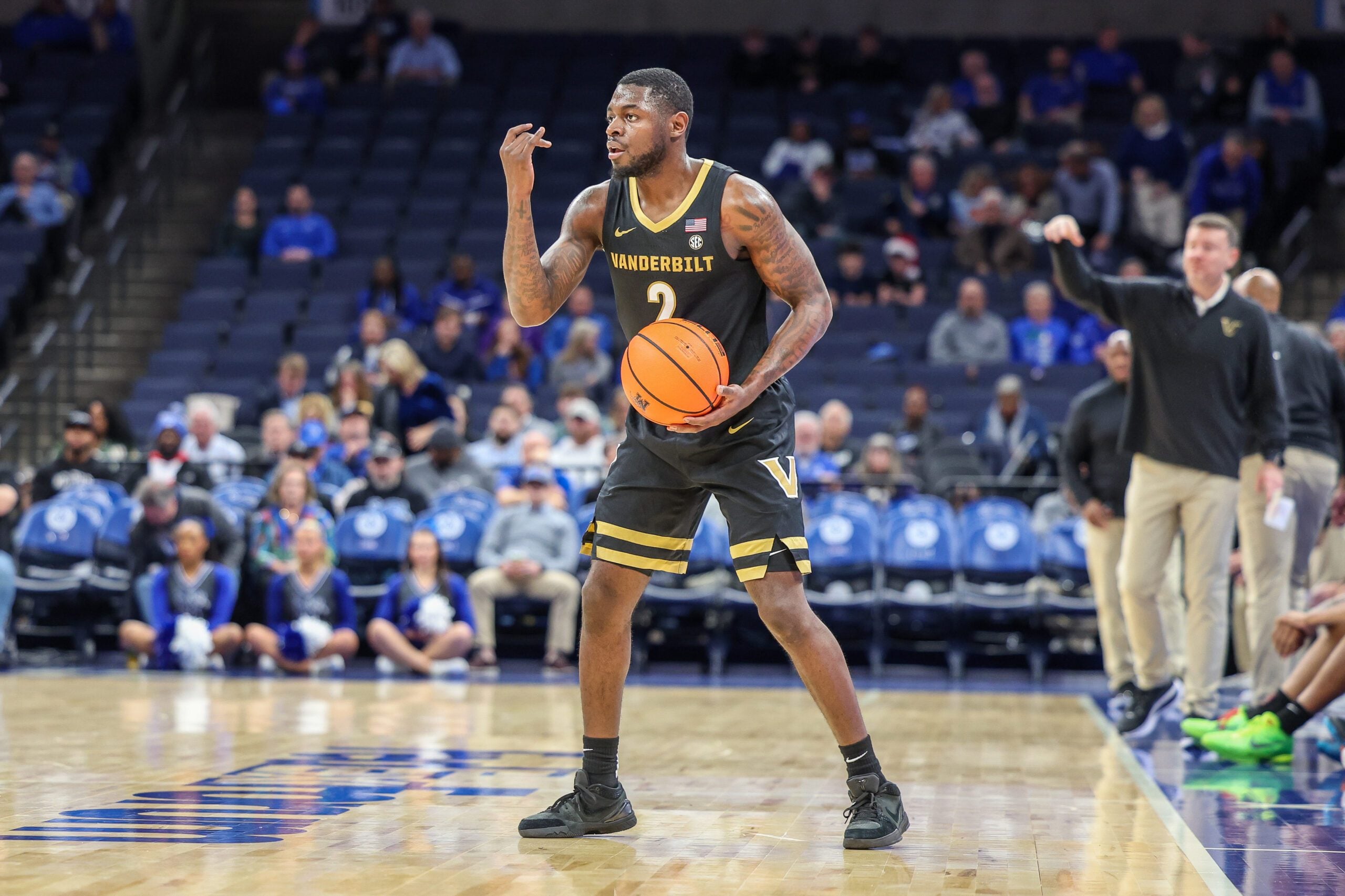 Dec 17, 2025; Memphis, Tennessee, USA; Vanderbilt Commodores guard Duke Miles (2) calls a play against the Memphis Tigers during the first half at FedExForum. Mandatory Credit: Wesley Hale-Imagn Images
