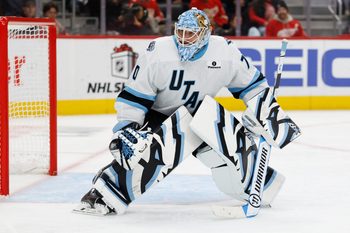 Dec 17, 2025; Detroit, Michigan, USA;  Utah Mammoth goaltender Karel Vejmelka (70) tends goal in the second period against the Detroit Red Wings at Little Caesars Arena. Mandatory Credit: Rick Osentoski-Imagn Images