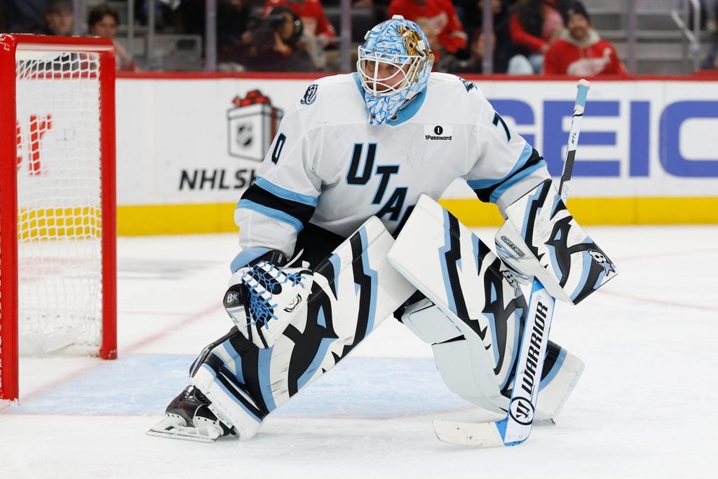 Dec 17, 2025; Detroit, Michigan, USA; Utah Mammoth goaltender Karel Vejmelka (70) tends goal in the second period against the Detroit Red Wings at Little Caesars Arena. Mandatory Credit: Rick Osentoski-Imagn Images