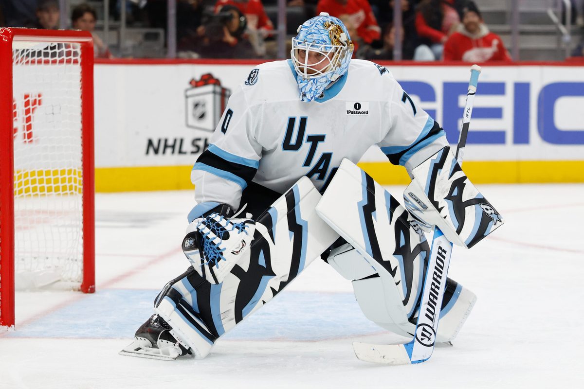 Dec 17, 2025; Detroit, Michigan, USA; Utah Mammoth goaltender Karel Vejmelka (70) tends goal in the second period against the Detroit Red Wings at Little Caesars Arena. Mandatory Credit: Rick Osentoski-Imagn Images