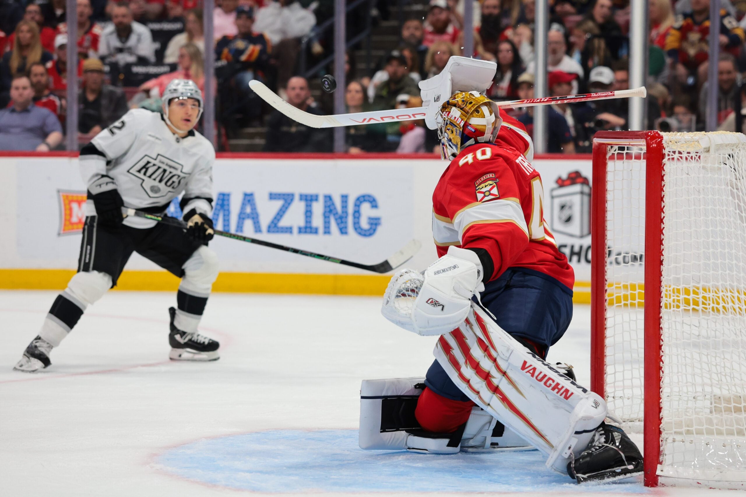 Dec 17, 2025; Sunrise, Florida, USA; Florida Panthers goaltender Daniil Tarasov (40) makes a save with his stick against the Los Angeles Kings during the third period at Amerant Bank Arena. Mandatory Credit: Sam Navarro-Imagn Images