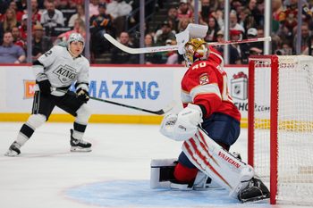 Dec 17, 2025; Sunrise, Florida, USA; Florida Panthers goaltender Daniil Tarasov (40) makes a save with his stick against the Los Angeles Kings during the third period at Amerant Bank Arena. Mandatory Credit: Sam Navarro-Imagn Images