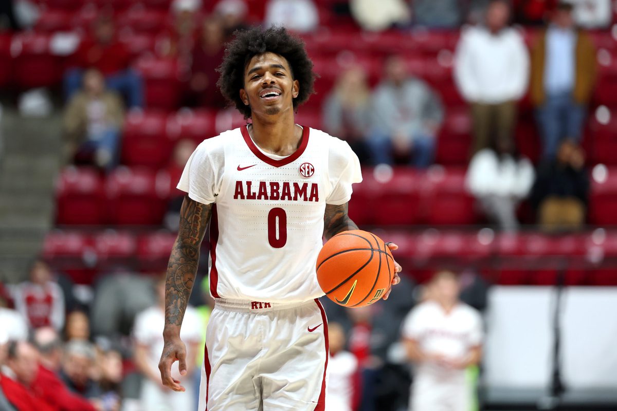 Dec 17, 2025; Tuscaloosa, Alabama, USA; Alabama Crimson Tide guard Labaron Philon (0) dribbles the ball during final minute of a game against the South Florida Bulls at Coleman Coliseum. Mandatory Credit: David Leong-Imagn Images