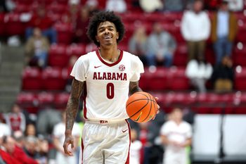 Dec 17, 2025; Tuscaloosa, Alabama, USA; Alabama Crimson Tide guard Labaron Philon (0) dribbles the ball during final minute of a game against the South Florida Bulls at Coleman Coliseum. Mandatory Credit: David Leong-Imagn Images