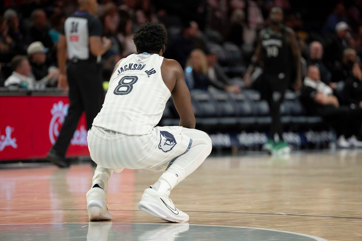 Dec 17, 2025; Minneapolis, Minnesota, USA; Memphis Grizzlies forward Jaren Jackson Jr. (8) looks on against the Minnesota Timberwolves in the second half at Target Center. Mandatory Credit: Jesse Johnson-Imagn Images