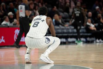 Dec 17, 2025; Minneapolis, Minnesota, USA; Memphis Grizzlies forward Jaren Jackson Jr. (8) looks on against the Minnesota Timberwolves in the second half at Target Center. Mandatory Credit: Jesse Johnson-Imagn Images