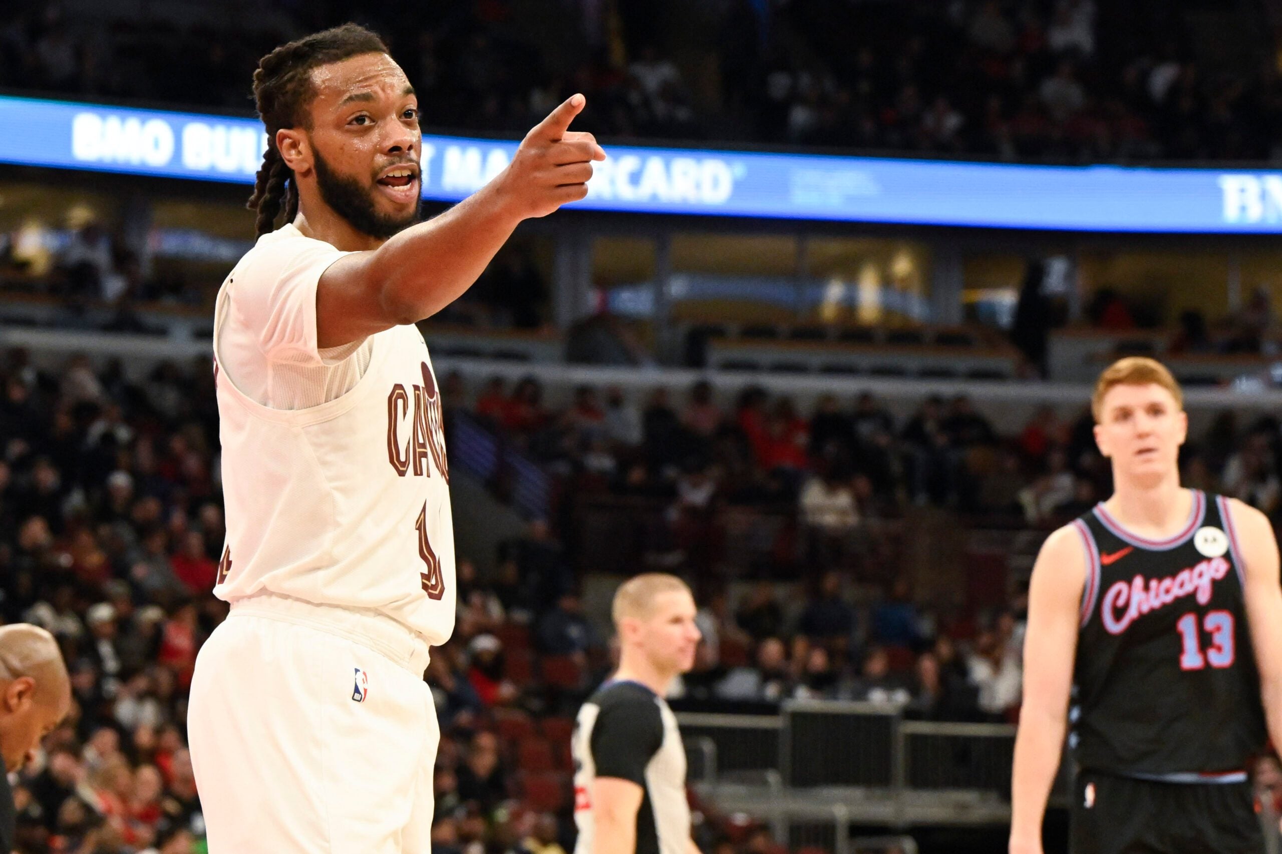 Dec 17, 2025; Chicago, Illinois, USA;  Cleveland Cavaliers guard Darius Garland (10) points towards the Chicago Bulls bench during the second half at United Center. Mandatory Credit: Matt Marton-Imagn Images