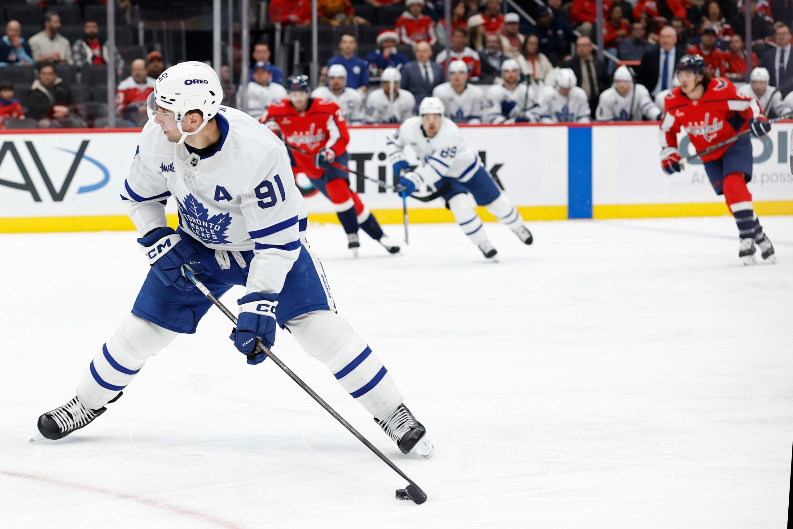 Dec 18, 2025; Washington, District of Columbia, USA; Toronto Maple Leafs center John Tavares (91) prepares to shoot the puck against the Washington Capitals during the second period at Capital One Arena. Mandatory Credit: Geoff Burke-Imagn Images
