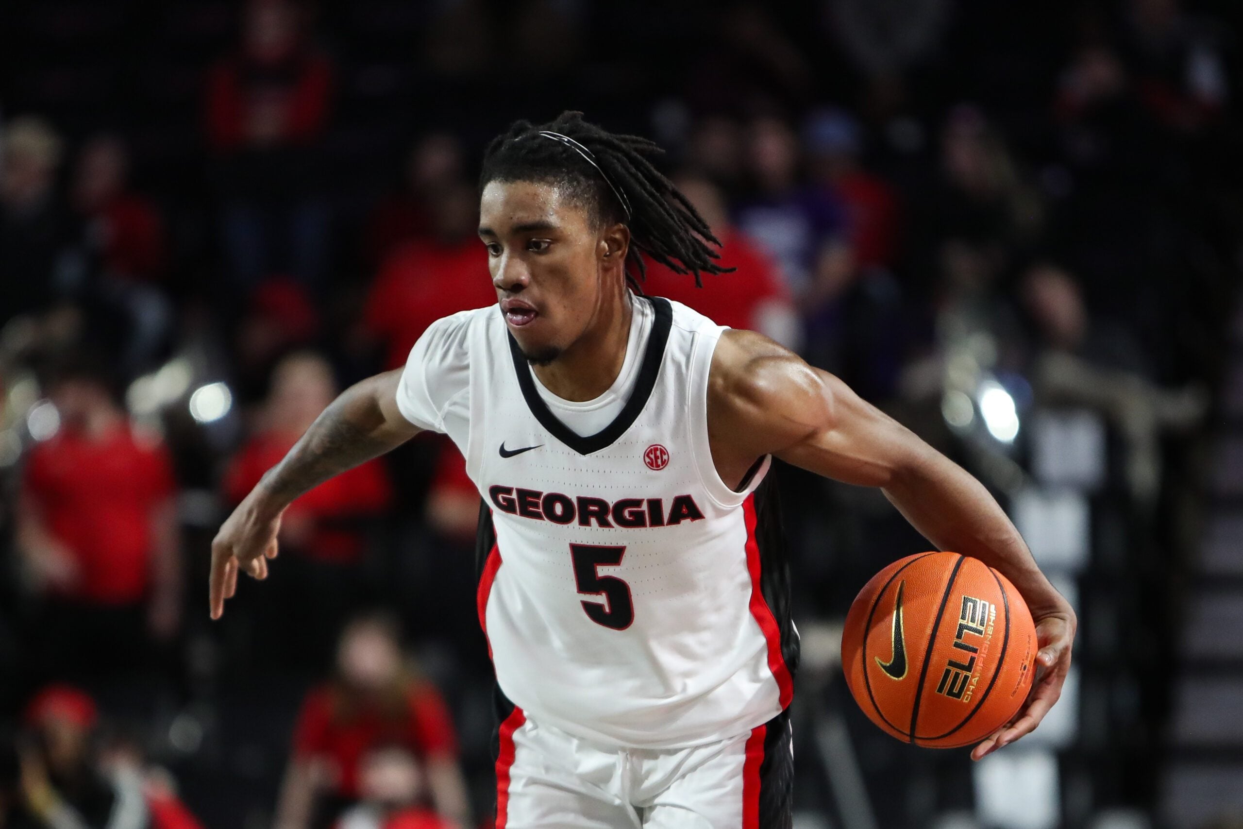 Dec 18, 2025; Athens, Georgia, USA; Georgia Bulldogs guard Jeremiah Wilkinson (5) dribbles against the Western Carolina Catamounts in the second half at Stegeman Coliseum. Mandatory Credit: Mady Mertens-Imagn Images