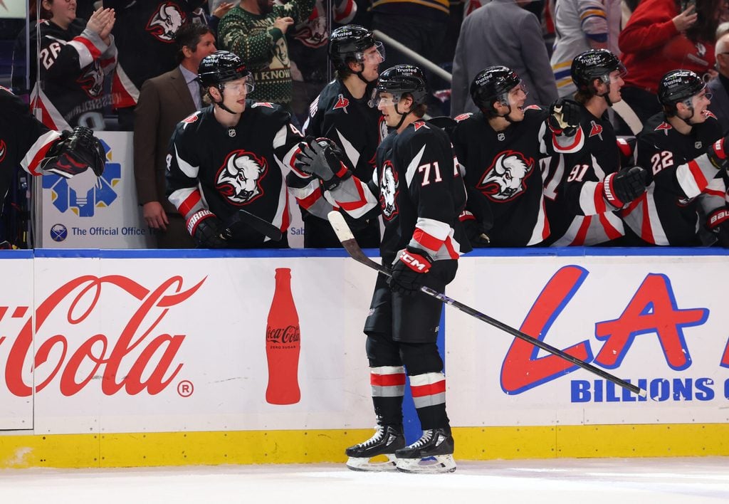 Dec 18, 2025; Buffalo, New York, USA; Buffalo Sabres center Ryan McLeod (71) celebrates his goal with teammates during the third period against the Philadelphia Flyers at KeyBank Center. Mandatory Credit: Timothy T. Ludwig-Imagn Images
