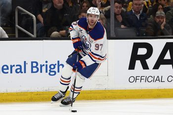 Dec 18, 2025; Boston, Massachusetts, USA; Edmonton Oilers center Connor McDavid (97) carries the puck against the Boston Bruins during the third period at TD Garden. Mandatory Credit: Winslow Townson-Imagn Images