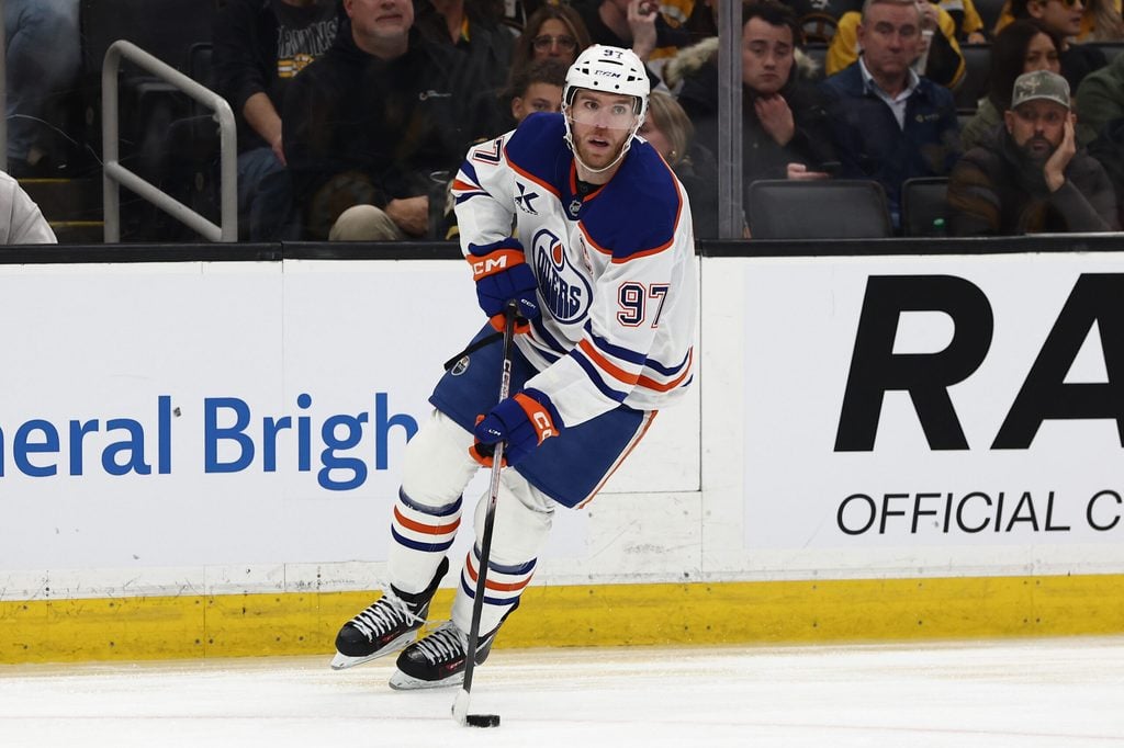 Dec 18, 2025; Boston, Massachusetts, USA; Edmonton Oilers center Connor McDavid (97) carries the puck against the Boston Bruins during the third period at TD Garden. Mandatory Credit: Winslow Townson-Imagn Images