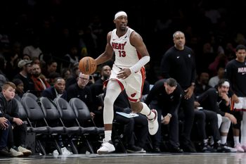 Dec 18, 2025; Brooklyn, New York, USA; Miami Heat center Bam Adebayo (13) brings the ball up court against the Brooklyn Nets during the third quarter at Barclays Center. Mandatory Credit: Brad Penner-Imagn Images