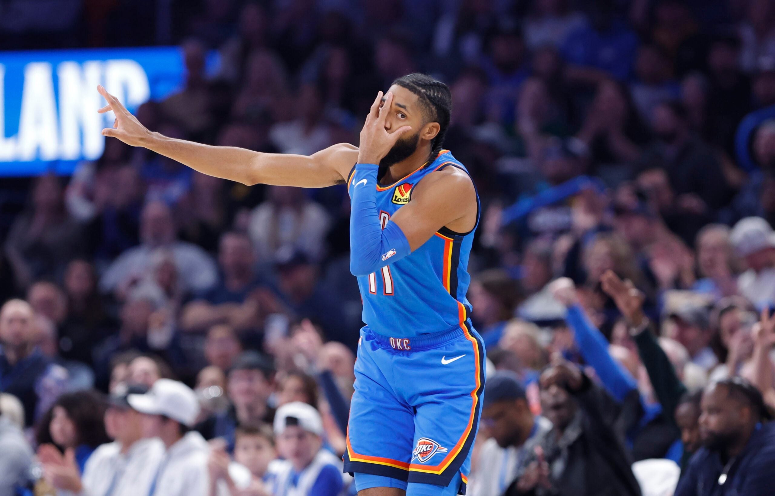 Dec 18, 2025; Oklahoma City, Oklahoma, USA; Oklahoma City Thunder guard Isaiah Joe (11) gestures after scoring against the Los Angeles Clippers during the second half at Paycom Center. Mandatory Credit: Alonzo Adams-Imagn Images