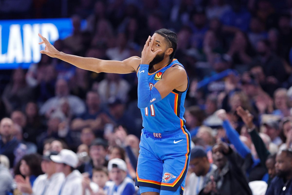 Dec 18, 2025; Oklahoma City, Oklahoma, USA; Oklahoma City Thunder guard Isaiah Joe (11) gestures after scoring against the Los Angeles Clippers during the second half at Paycom Center. Mandatory Credit: Alonzo Adams-Imagn Images
