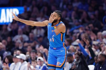 Dec 18, 2025; Oklahoma City, Oklahoma, USA; Oklahoma City Thunder guard Isaiah Joe (11) gestures after scoring against the Los Angeles Clippers during the second half at Paycom Center. Mandatory Credit: Alonzo Adams-Imagn Images