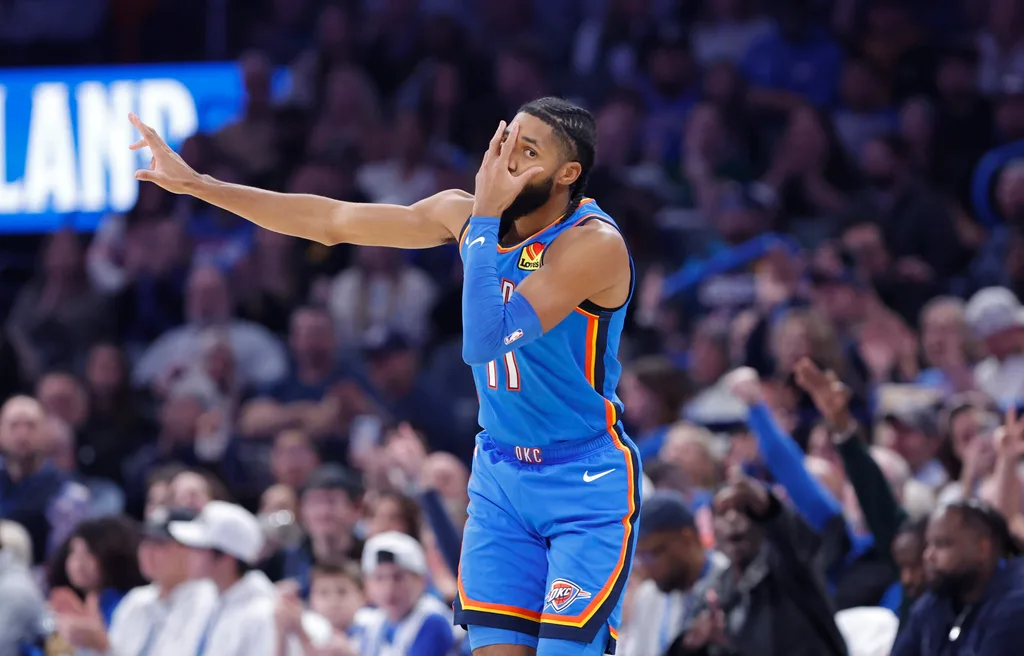 Dec 18, 2025; Oklahoma City, Oklahoma, USA; Oklahoma City Thunder guard Isaiah Joe (11) gestures after scoring against the Los Angeles Clippers during the second half at Paycom Center. Mandatory Credit: Alonzo Adams-Imagn Images