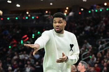 Dec 18, 2025; Milwaukee, Wisconsin, USA;  Milwaukee Bucks forward Giannis Antetokounmpo (34) during the fourth quarter against the Toronto Raptors while recovering from an injury at Fiserv Forum. Mandatory Credit: Benny Sieu-Imagn Images