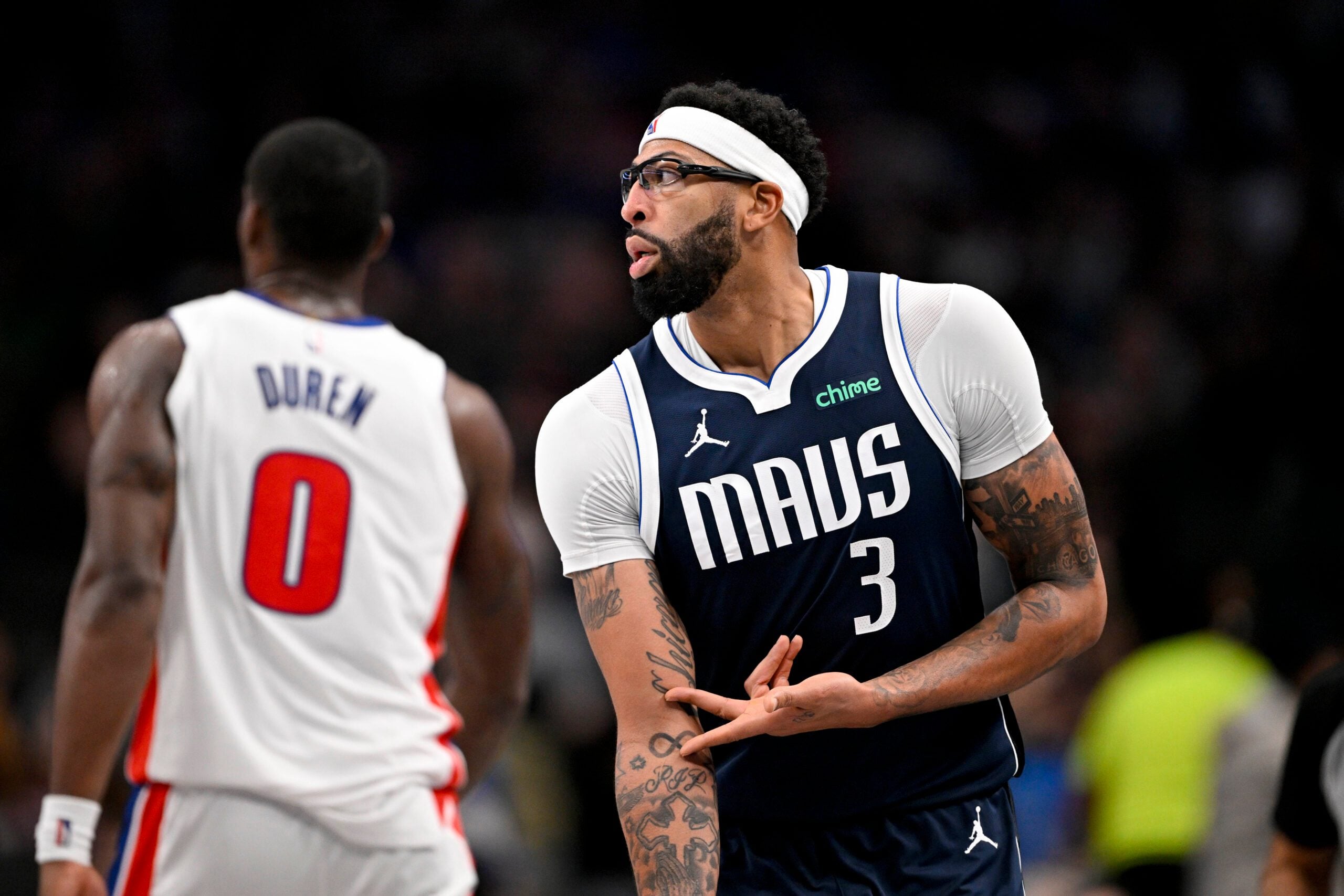 Dec 18, 2025; Dallas, Texas, USA; Dallas Mavericks forward Anthony Davis (3) celebrates after making a three point basket against the Detroit Pistons during the second half at the American Airlines Center. Mandatory Credit: Jerome Miron-Imagn Images