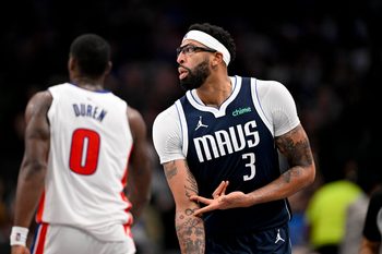 Dec 18, 2025; Dallas, Texas, USA; Dallas Mavericks forward Anthony Davis (3) celebrates after making a three point basket against the Detroit Pistons during the second half at the American Airlines Center. Mandatory Credit: Jerome Miron-Imagn Images