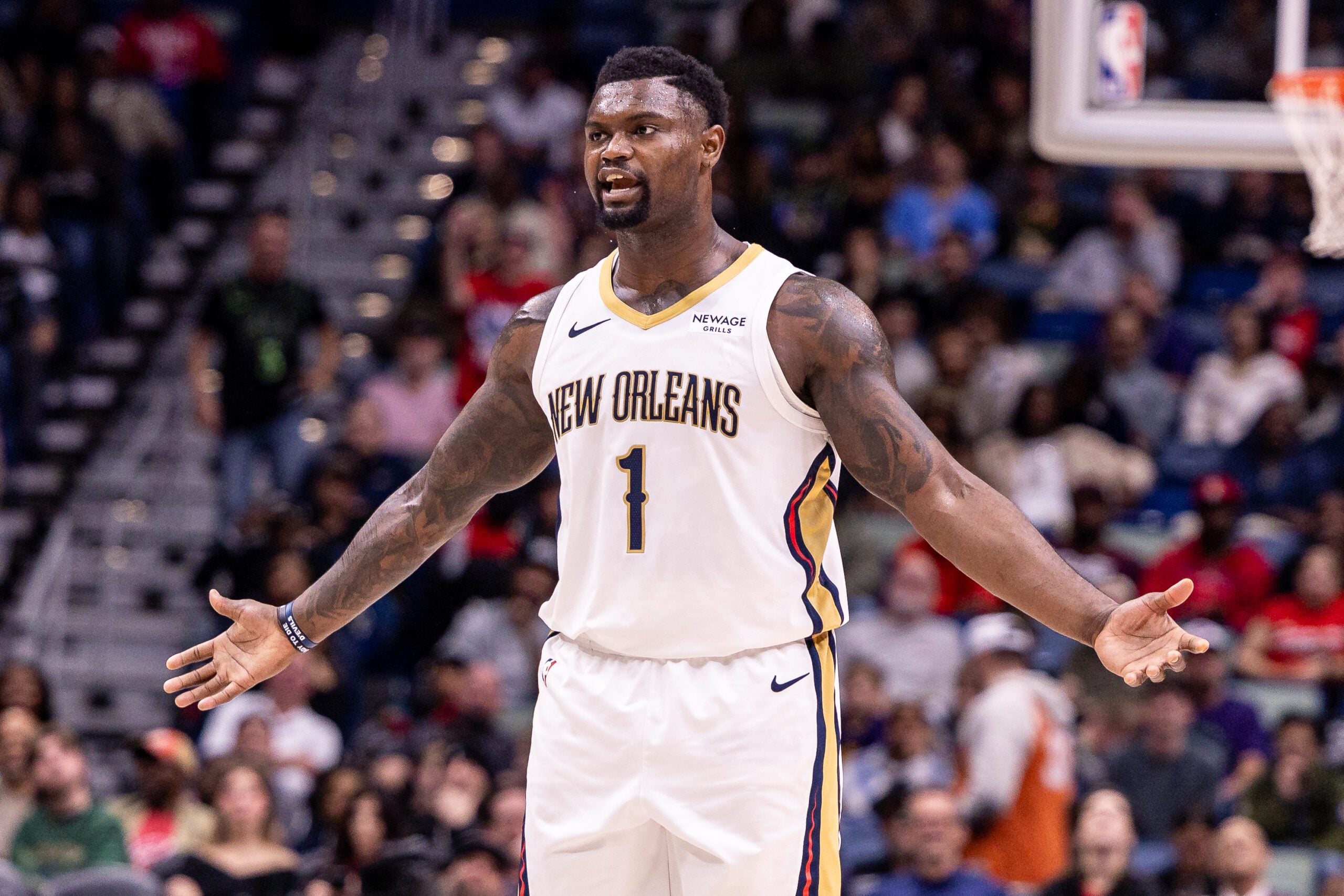 Dec 18, 2025; New Orleans, Louisiana, USA;  New Orleans Pelicans reacts to a play against the Houston Rockets during the second half at Smoothie King Center. Mandatory Credit: Stephen Lew-Imagn Images