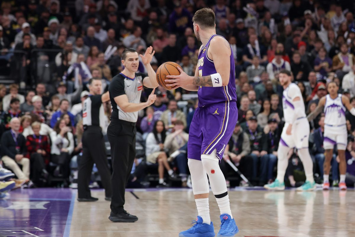 Dec 18, 2025; Salt Lake City, Utah, USA; Los Angeles Lakers forward/guard Luka Doncic (77) is called for a technical foul after spiking the ball during the second half against the Utah Jazz at Delta Center. Mandatory Credit: Chris Nicoll-Imagn Images