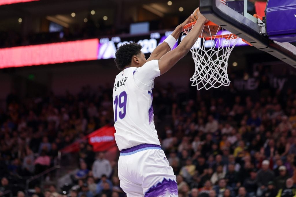 Dec 18, 2025; Salt Lake City, Utah, USA; Utah Jazz forward Ace Bailey (19) dunks the ball after a breakaway against the Los Angeles Lakers during the second half at Delta Center. Mandatory Credit: Chris Nicoll-Imagn Images