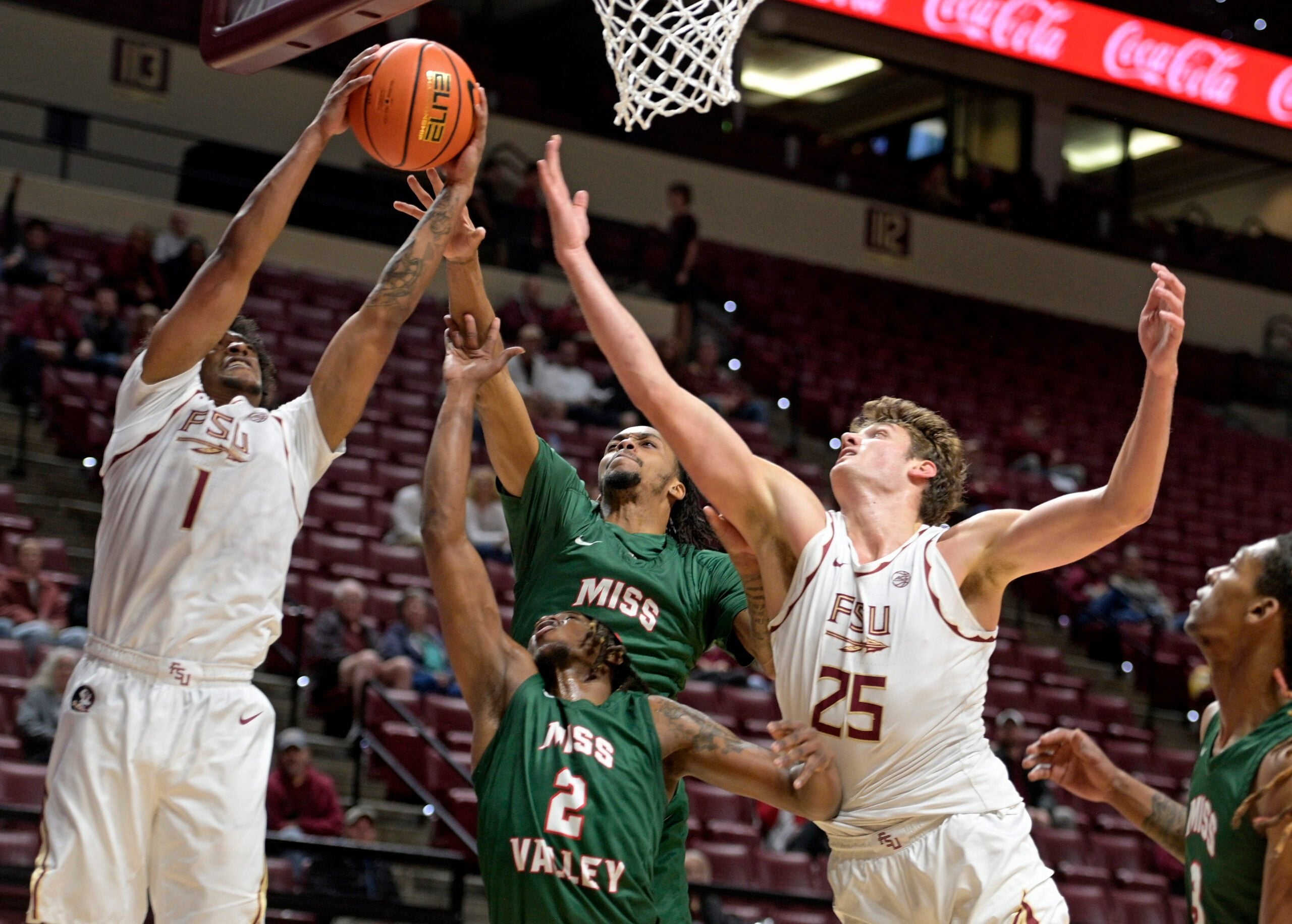 Dec 19, 2025; Tallahassee, Florida, USA; Florida State Seminoles guard Martin Somerville (1) comes up with a rebound during the first half against the Mississippi Valley State Delta Devils at Donald L. Tucker Center. Mandatory Credit: Melina Myers-Imagn Images