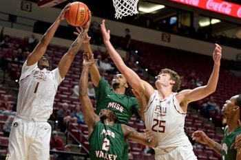 Dec 19, 2025; Tallahassee, Florida, USA; Florida State Seminoles guard Martin Somerville (1) comes up with a rebound during the first half against the Mississippi Valley State Delta Devils at Donald L. Tucker Center. Mandatory Credit: Melina Myers-Imagn Images
