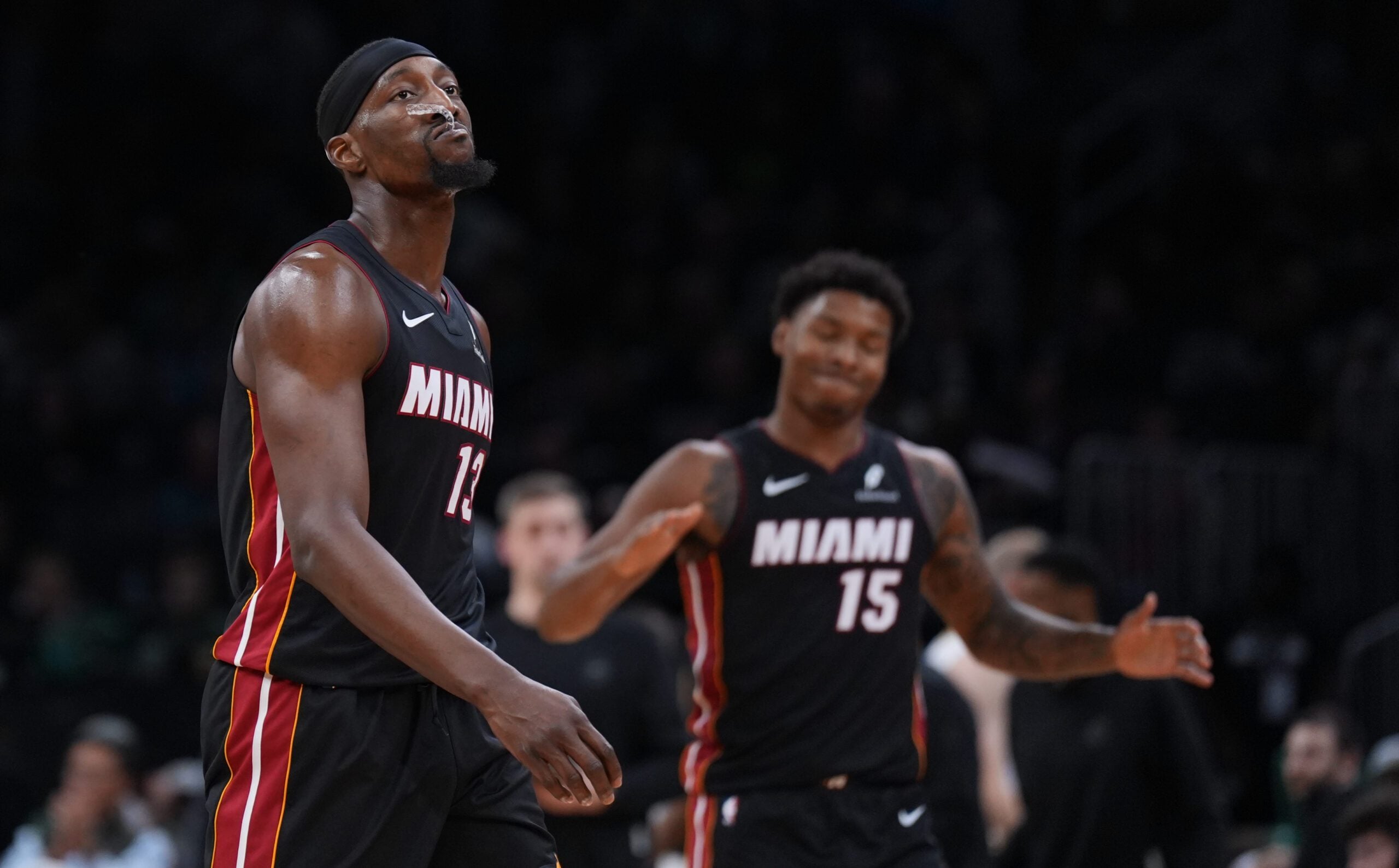 Dec 19, 2025; Boston, Massachusetts, USA; Miami Heat center Bam Adebayo (13) walks to the sideline during a break against the Boston Celtics in the second half at TD Garden. Mandatory Credit: David Butler II-Imagn Images