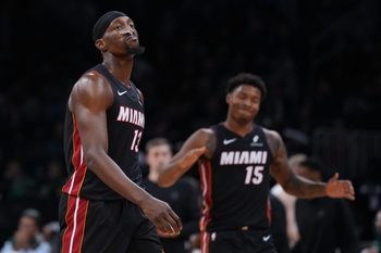 Dec 19, 2025; Boston, Massachusetts, USA; Miami Heat center Bam Adebayo (13) walks to the sideline during a break against the Boston Celtics in the second half at TD Garden. Mandatory Credit: David Butler II-Imagn Images
