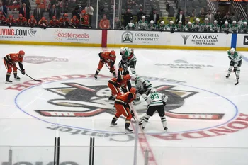 Dec 19, 2025; Anaheim, California, USA; A general overall view of the opening faceoff between Anaheim Ducks center Leo Carlsson (91) and Dallas Stars center Wyatt Johnston (53) at the Honda Center. Mandatory Credit: Kirby Lee-Imagn Images