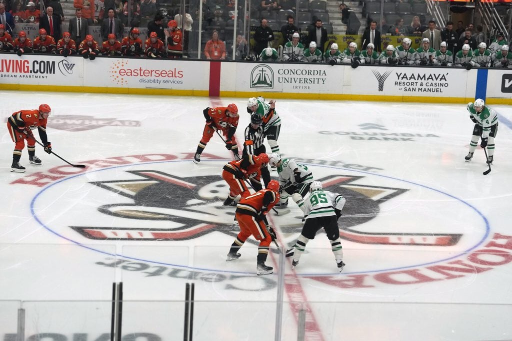 Dec 19, 2025; Anaheim, California, USA; A general overall view of the opening faceoff between Anaheim Ducks center Leo Carlsson (91) and Dallas Stars center Wyatt Johnston (53) at the Honda Center. Mandatory Credit: Kirby Lee-Imagn Images