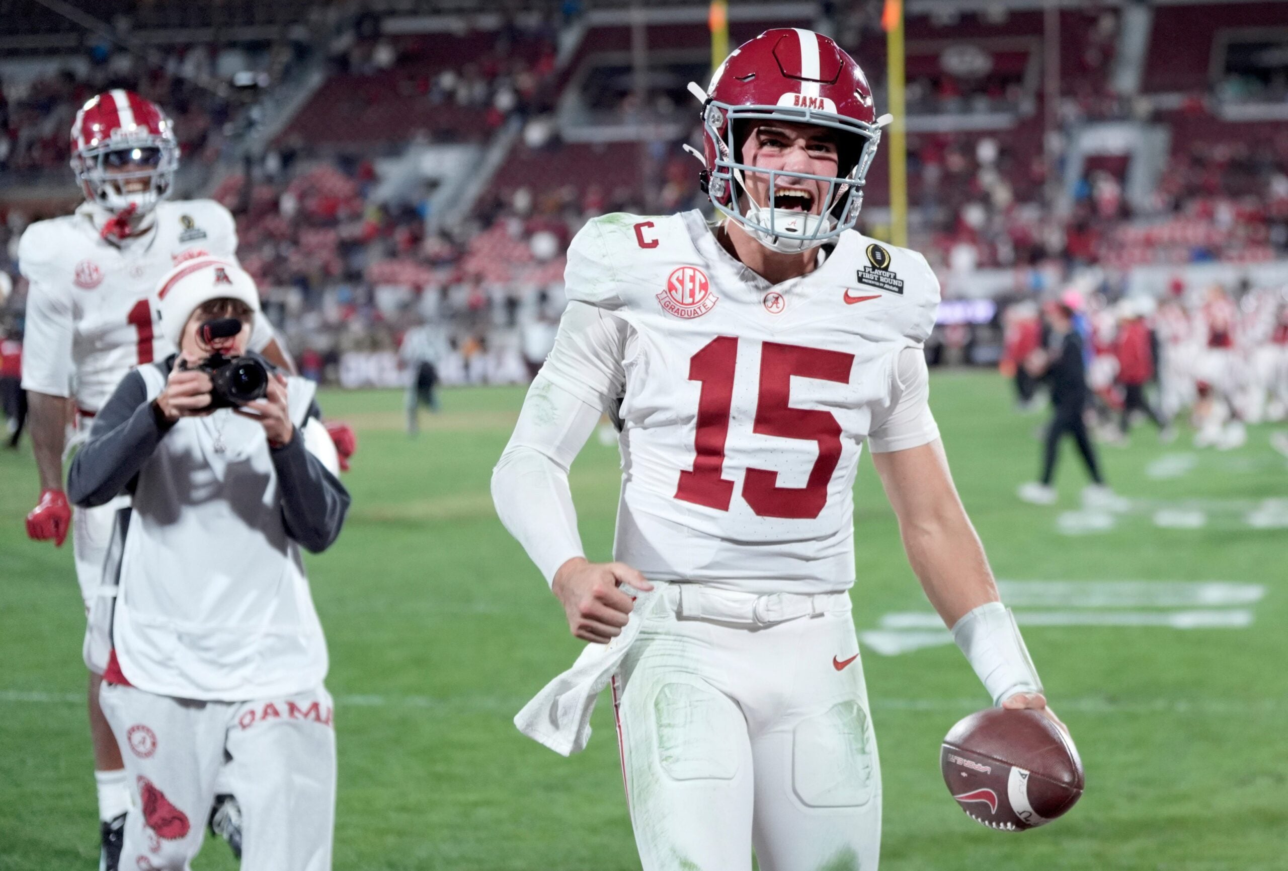 Alabama's Ty Simpson (15) celebrates following the College Football Playoff game between the University of Oklahoma Sooners (OU) and the Alabama Crimson Tide at the Gaylord Family – Oklahoma Memorial Stadium in Norman, Okla., Friday Dec. 19, 2025.